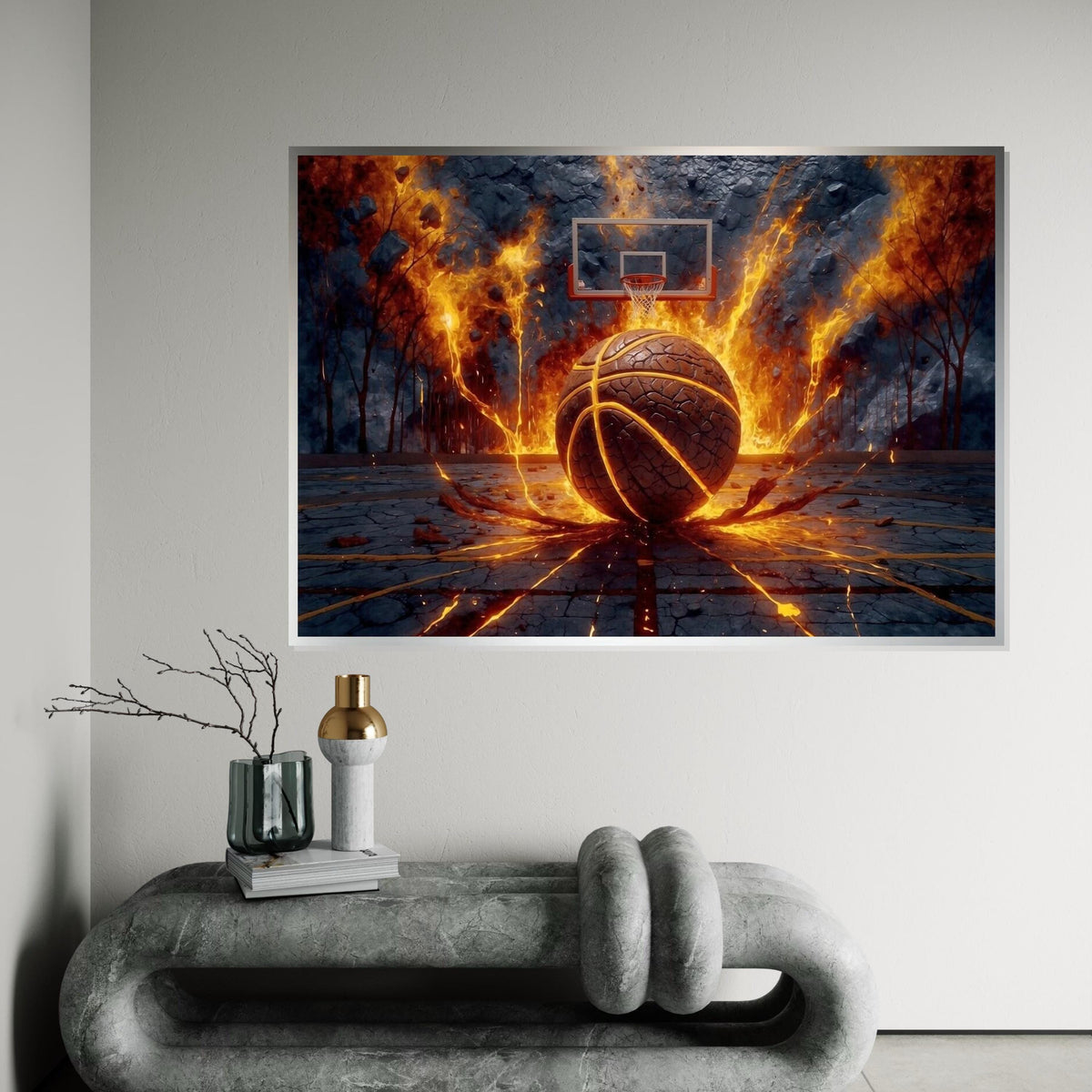 Fiery Basketball Canvas, Basketball Explosion Art, Sports Wall Art, Dynamic Sports Poster, Wall Art Canvas Design, Ready To Hang