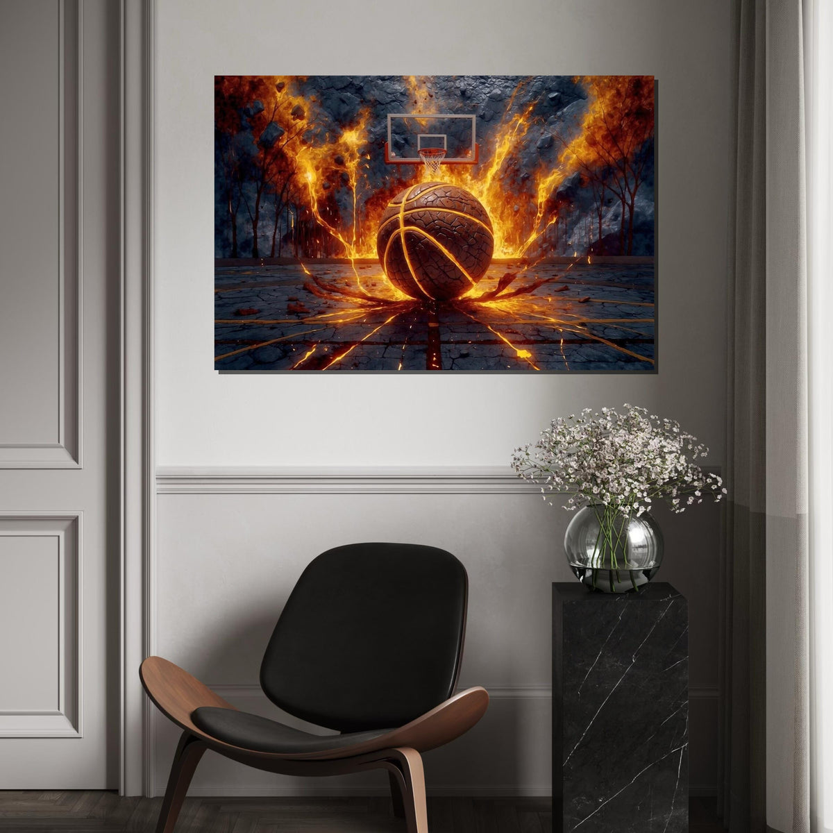 Fiery Basketball Canvas, Basketball Explosion Art, Sports Wall Art, Dynamic Sports Poster, Wall Art Canvas Design, Ready To Hang