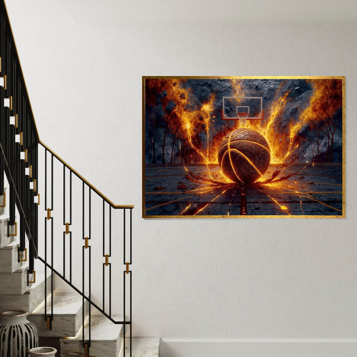 Fiery Basketball Canvas, Basketball Explosion Art, Sports Wall Art, Dynamic Sports Poster, Wall Art Canvas Design, Ready To Hang