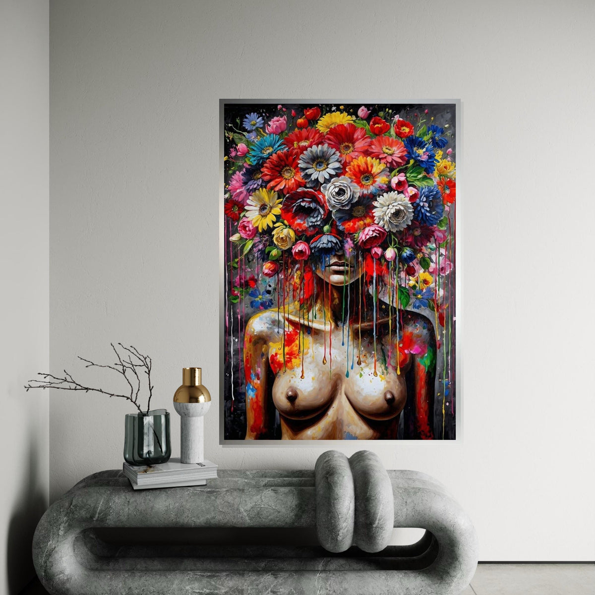 Floral Fusion Canvas, Flower Head Woman, Multicolor Abstract Art, Wall Art Canvas Design, Ready To Hang Decoration
