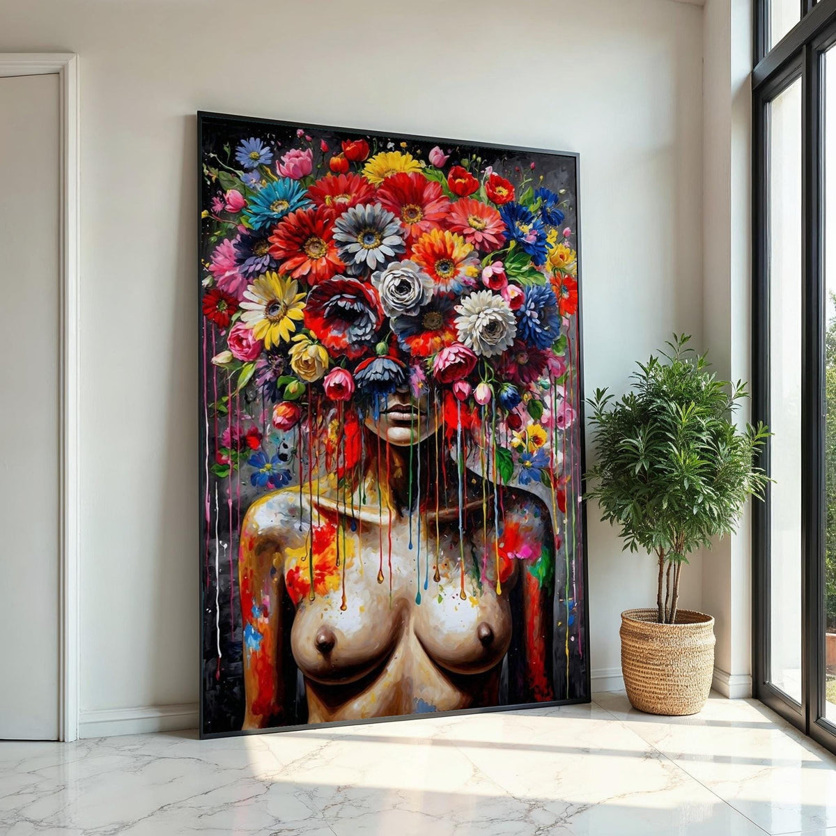 Floral Fusion Canvas, Flower Head Woman, Multicolor Abstract Art, Wall Art Canvas Design, Ready To Hang Decoration