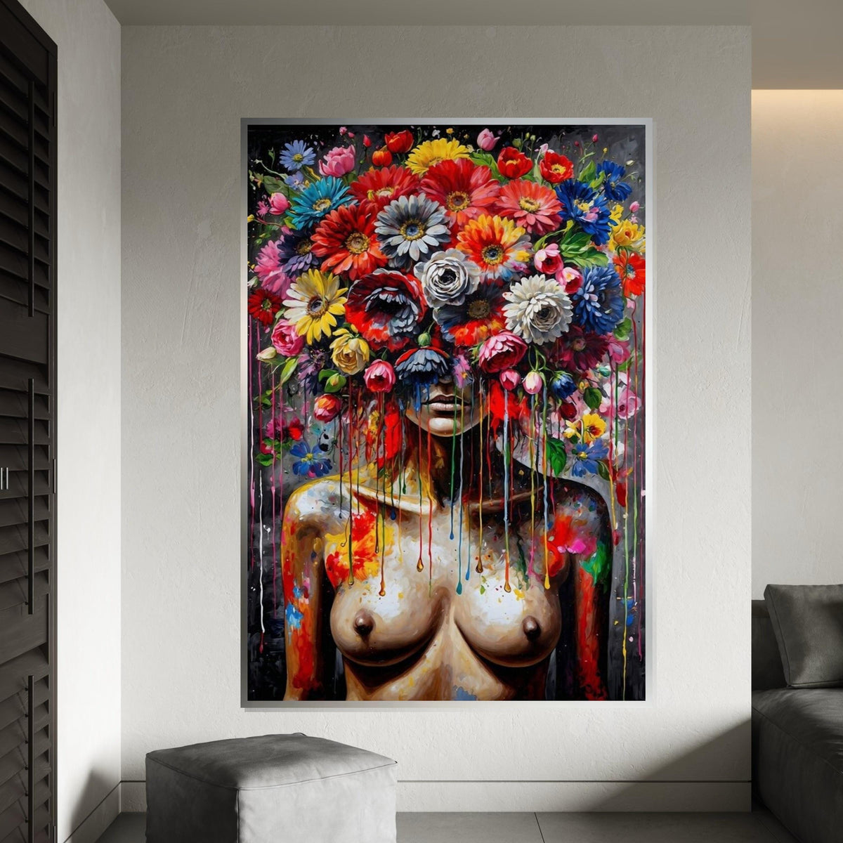 Floral Fusion Canvas, Flower Head Woman, Multicolor Abstract Art, Wall Art Canvas Design, Ready To Hang Decoration