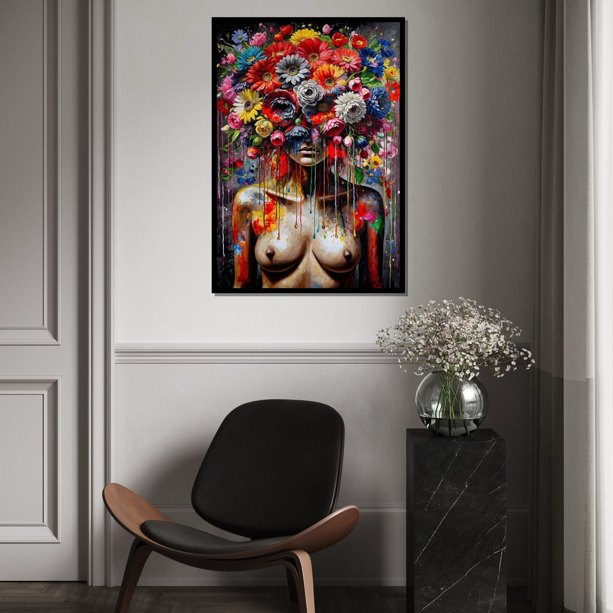 Floral Fusion Canvas, Flower Head Woman, Multicolor Abstract Art, Wall Art Canvas Design, Ready To Hang Decoration