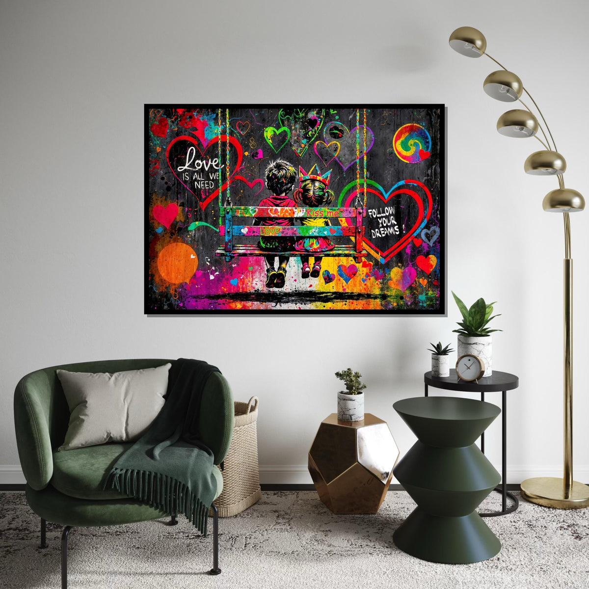 Children on Swing Canvas, Love Quote Art, Heart Graffiti Poster, Colorful Wall Art, Urban Canvas Design, Ready To Hang Decor