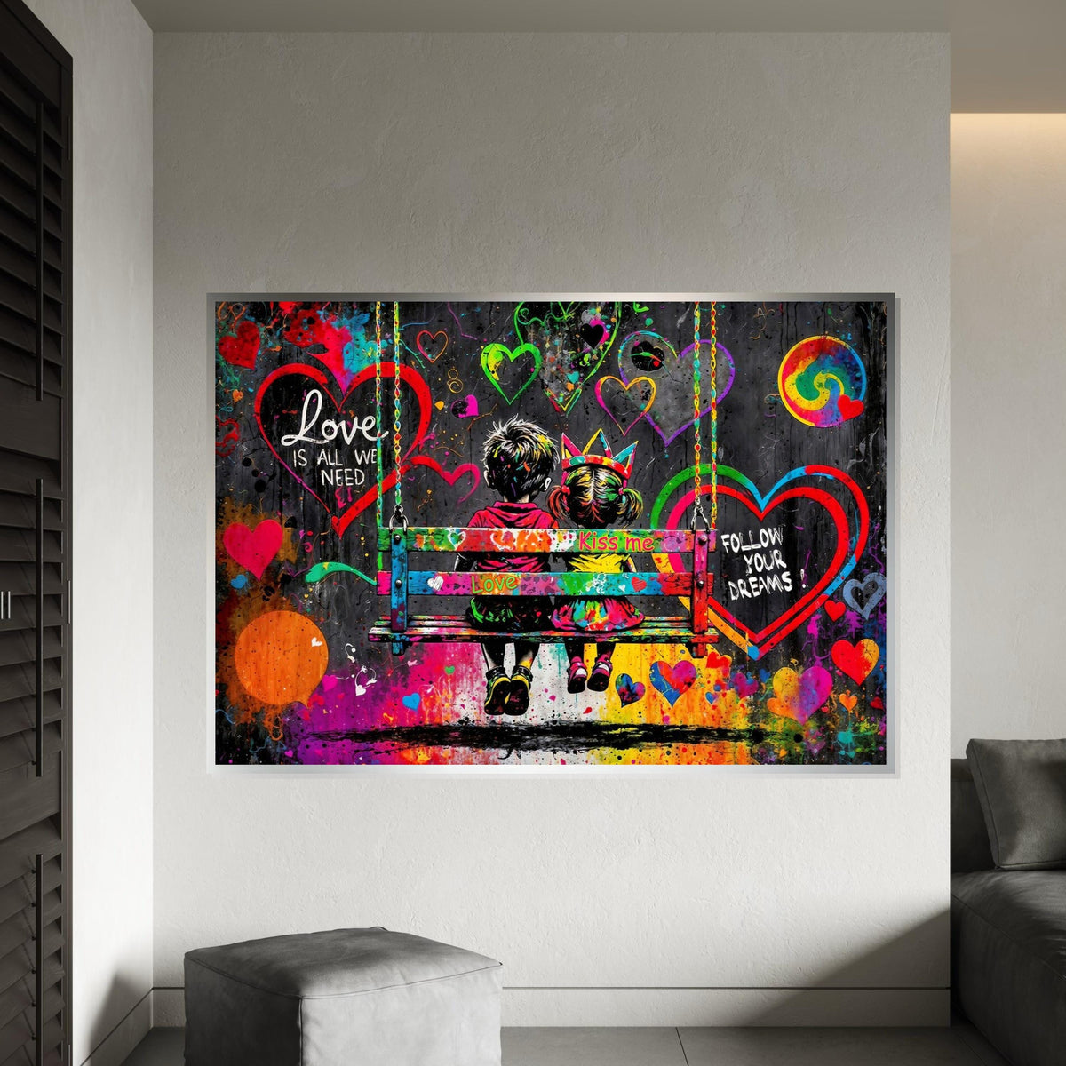 Children on Swing Canvas, Love Quote Art, Heart Graffiti Poster, Colorful Wall Art, Urban Canvas Design, Ready To Hang Decor