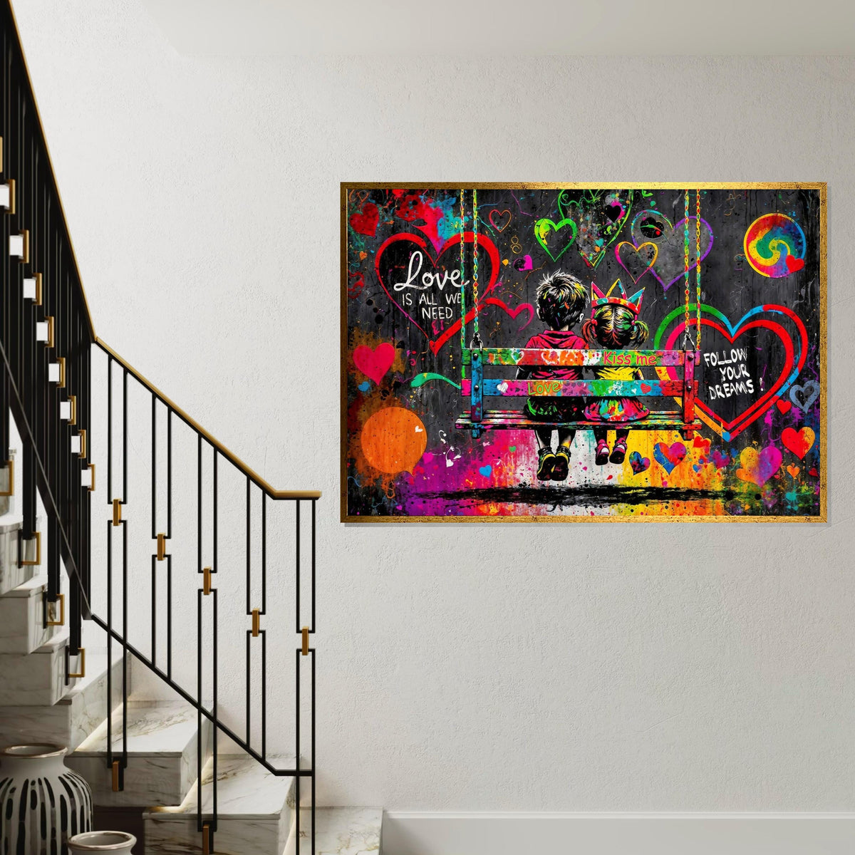 Children on Swing Canvas, Love Quote Art, Heart Graffiti Poster, Colorful Wall Art, Urban Canvas Design, Ready To Hang Decor