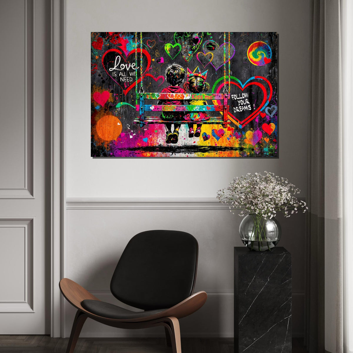 Children on Swing Canvas, Love Quote Art, Heart Graffiti Poster, Colorful Wall Art, Urban Canvas Design, Ready To Hang Decor