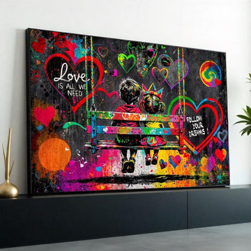 Children on Swing Canvas, Love Quote Art, Heart Graffiti Poster, Colorful Wall Art, Urban Canvas Design, Ready To Hang Decor