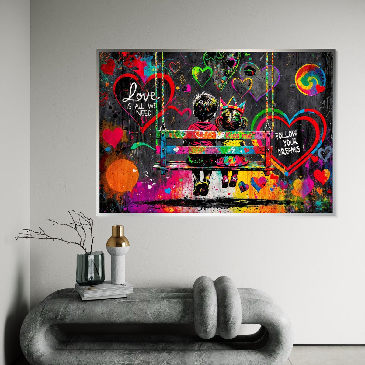 Children on Swing Canvas, Love Quote Art, Heart Graffiti Poster, Colorful Wall Art, Urban Canvas Design, Ready To Hang Decor