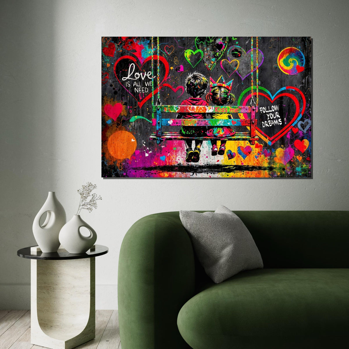 Children on Swing Canvas, Love Quote Art, Heart Graffiti Poster, Colorful Wall Art, Urban Canvas Design, Ready To Hang Decor
