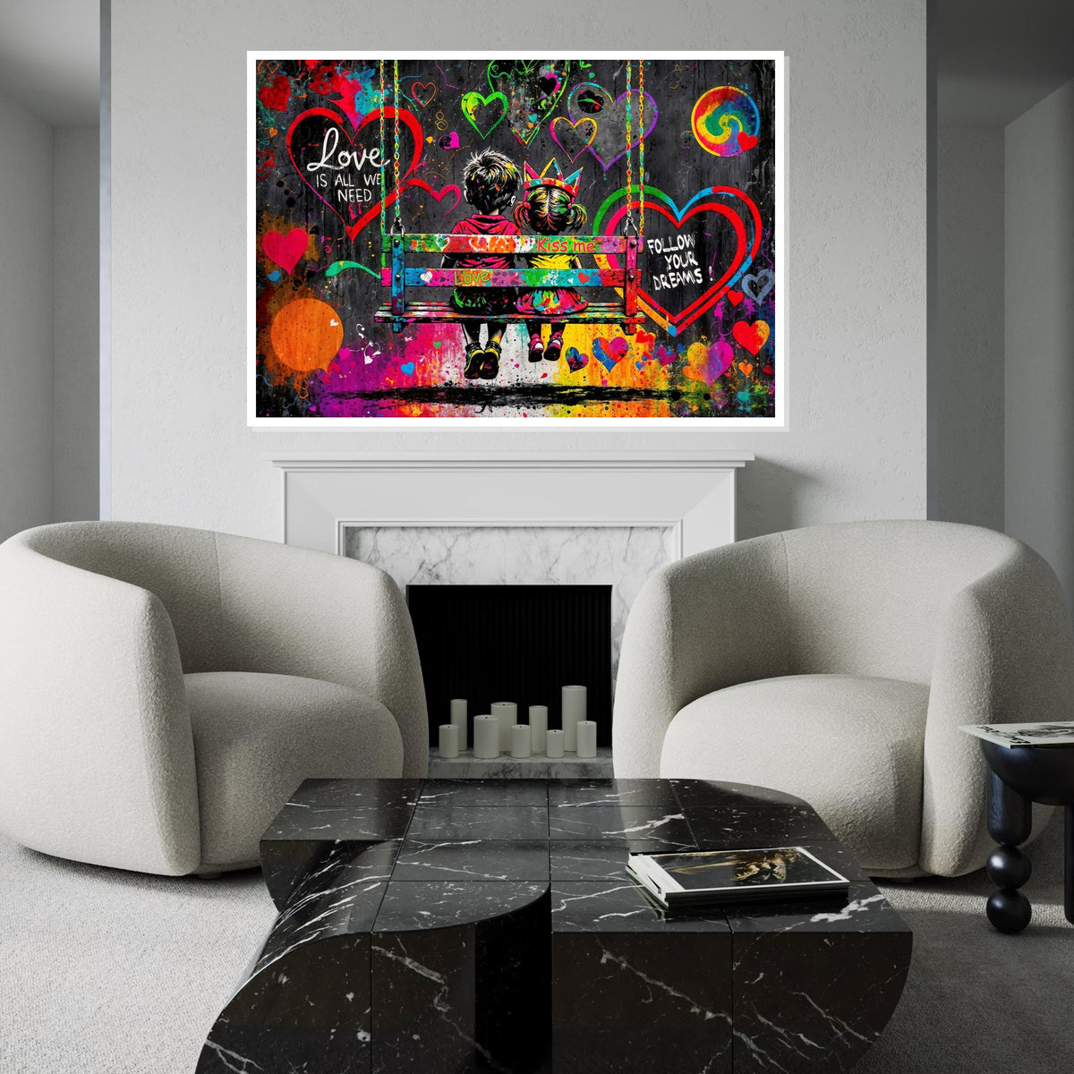Children on Swing Canvas, Love Quote Art, Heart Graffiti Poster, Colorful Wall Art, Urban Canvas Design, Ready To Hang Decor