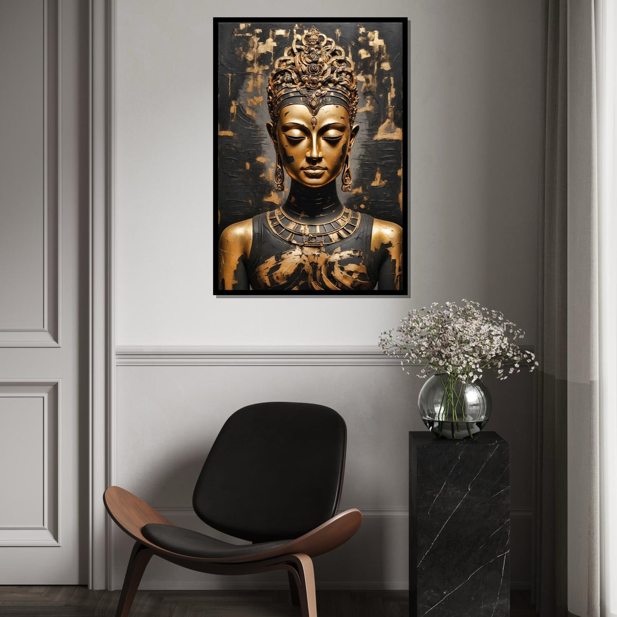 Golden Buddha Canvas, Buddha Art Print, Spiritual Wall Art, Black and Gold Canvas, Zen Home Decor, Wall Art Canvas Design, Ready to Hang