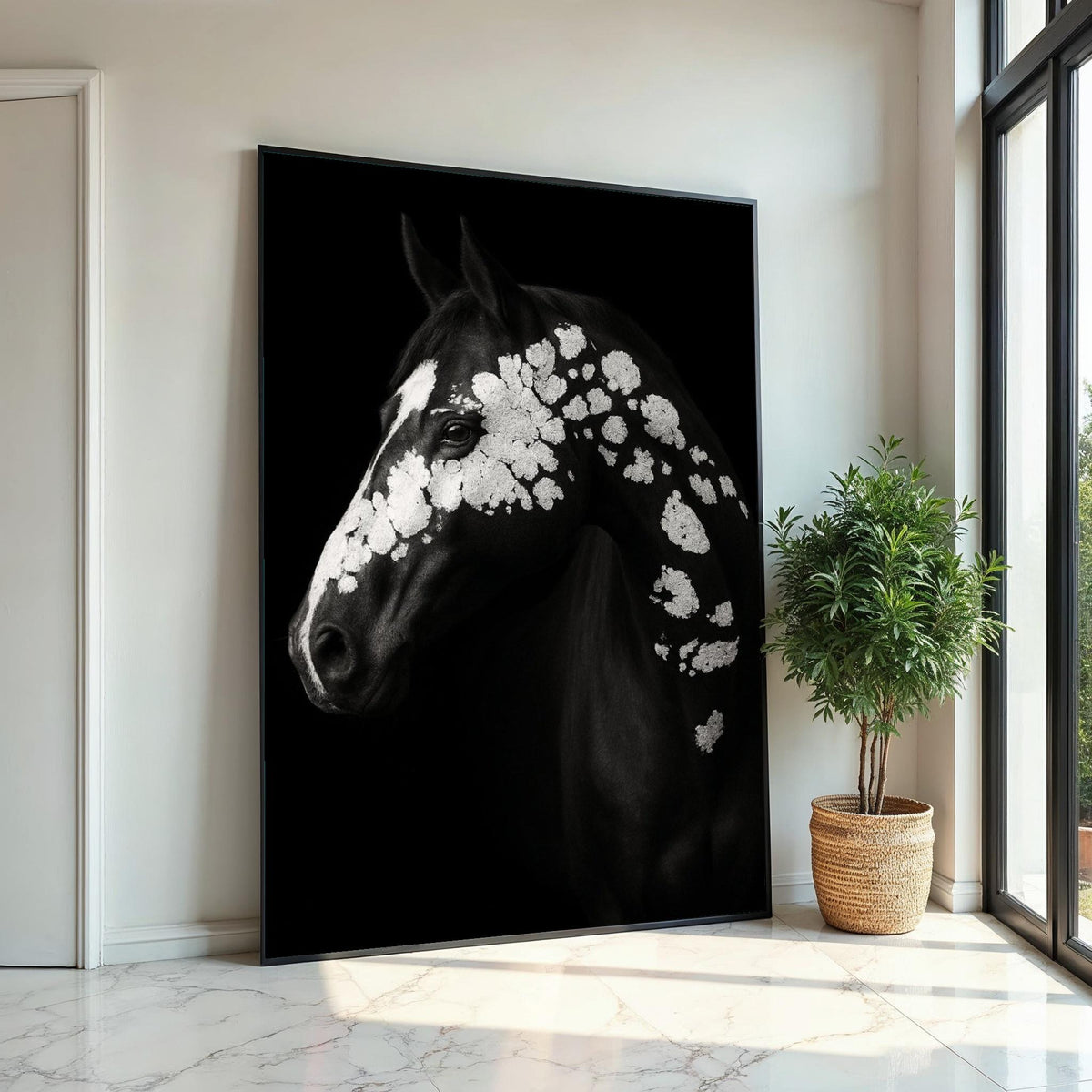 Print Canvas, Abstract Horse Canvas, Black and White Horse Art, Spotted Horse Wall Print, Animal Canvas Design, Ready to Hang Decoration
