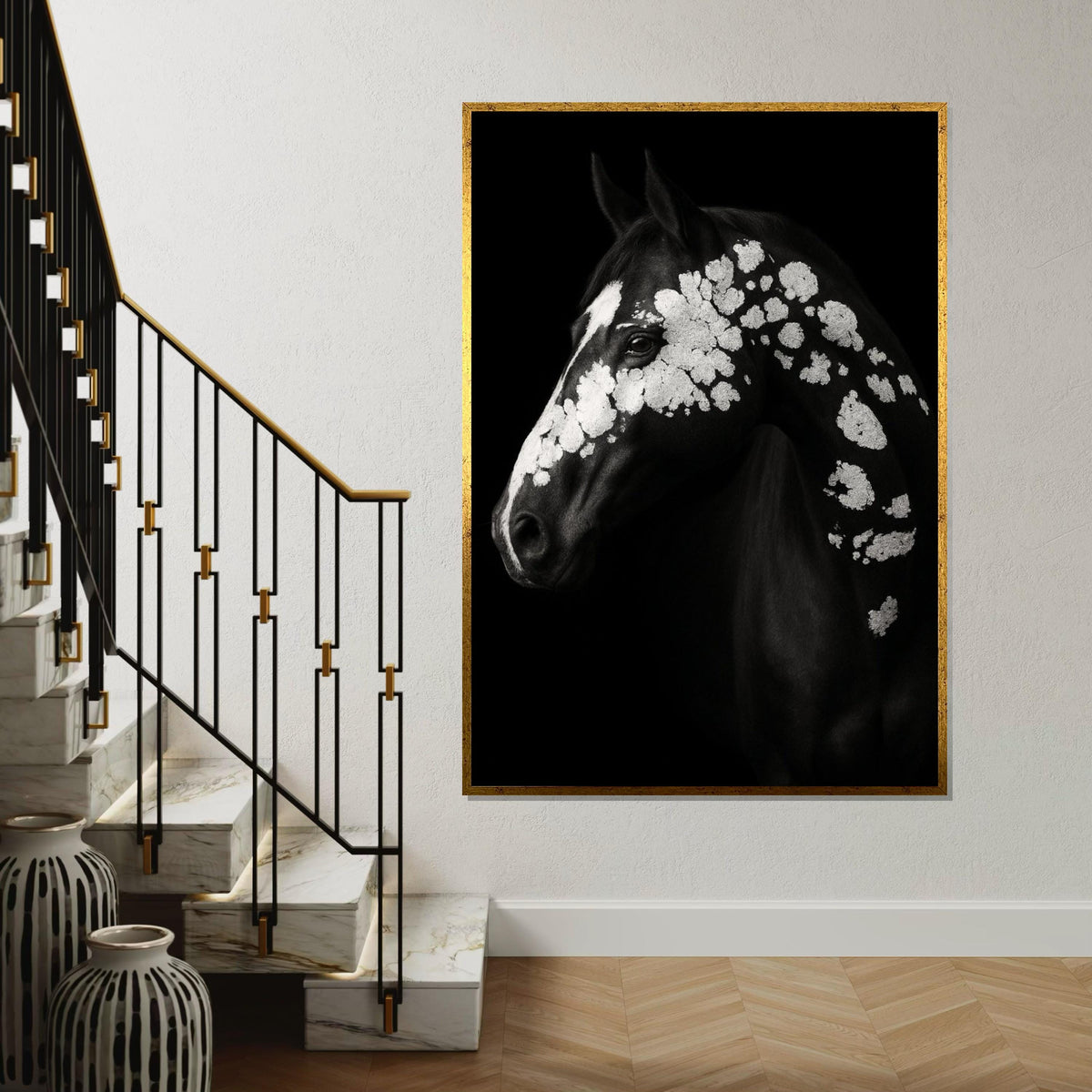 Print Canvas, Abstract Horse Canvas, Black and White Horse Art, Spotted Horse Wall Print, Animal Canvas Design, Ready to Hang Decoration