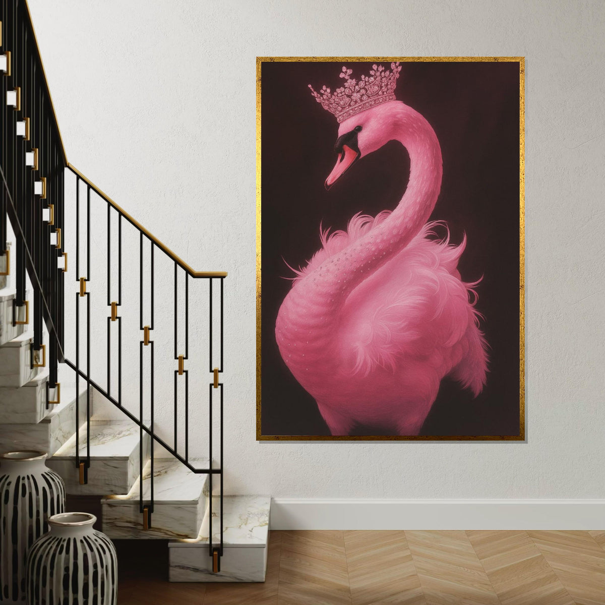Majestic Swan Canvas, Print Canvas,Crowned Pink Swan Art,Elegant Bird Wall Art, Canvas Design, Ready to Hang, Swan Poster, Animal Print