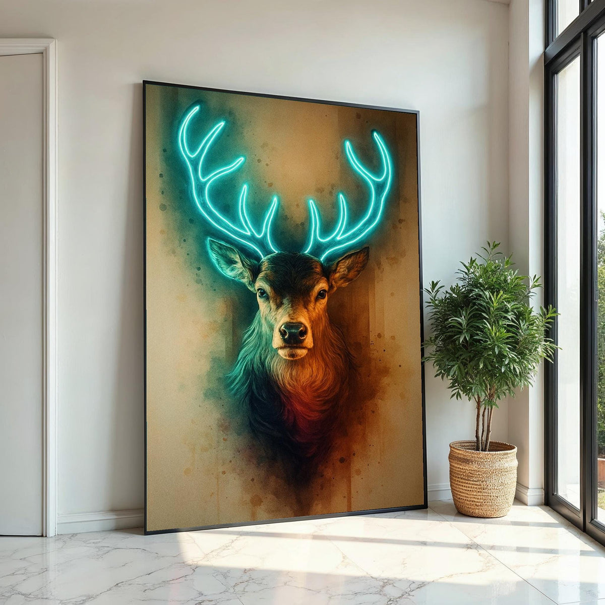 Print Canvas, Neon Stag Canvas, Glowing Antlers Wall Art, Deer Print, Animal Canvas Design, Modern Wall Decor, Ready To Hang Decoration