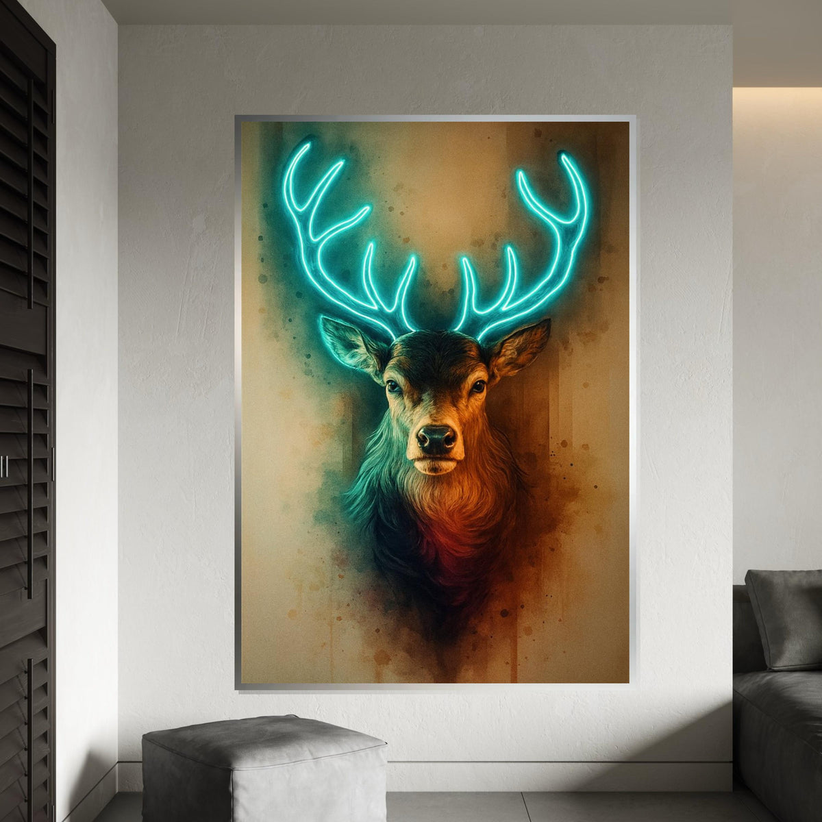 Print Canvas, Neon Stag Canvas, Glowing Antlers Wall Art, Deer Print, Animal Canvas Design, Modern Wall Decor, Ready To Hang Decoration
