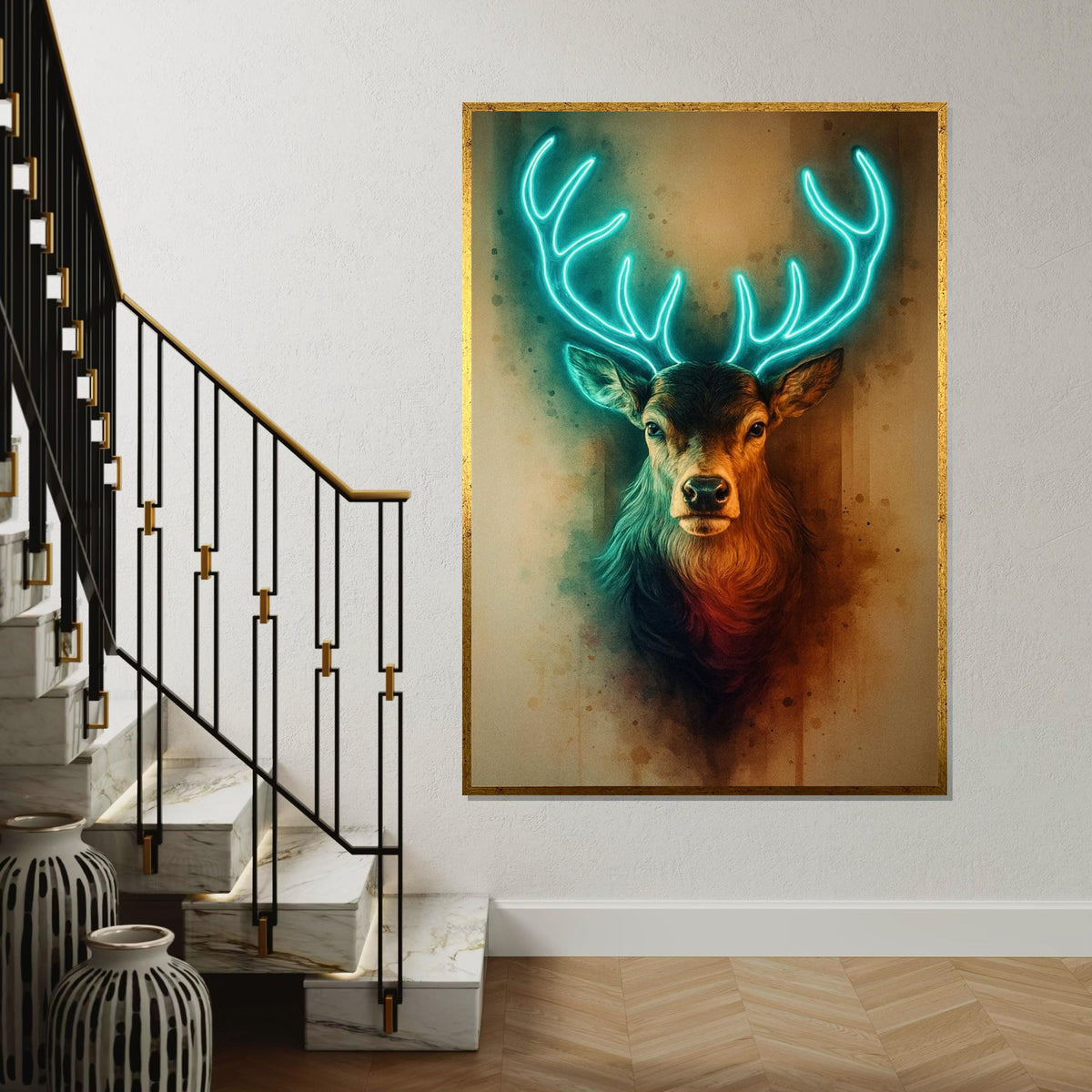 Print Canvas, Neon Stag Canvas, Glowing Antlers Wall Art, Deer Print, Animal Canvas Design, Modern Wall Decor, Ready To Hang Decoration