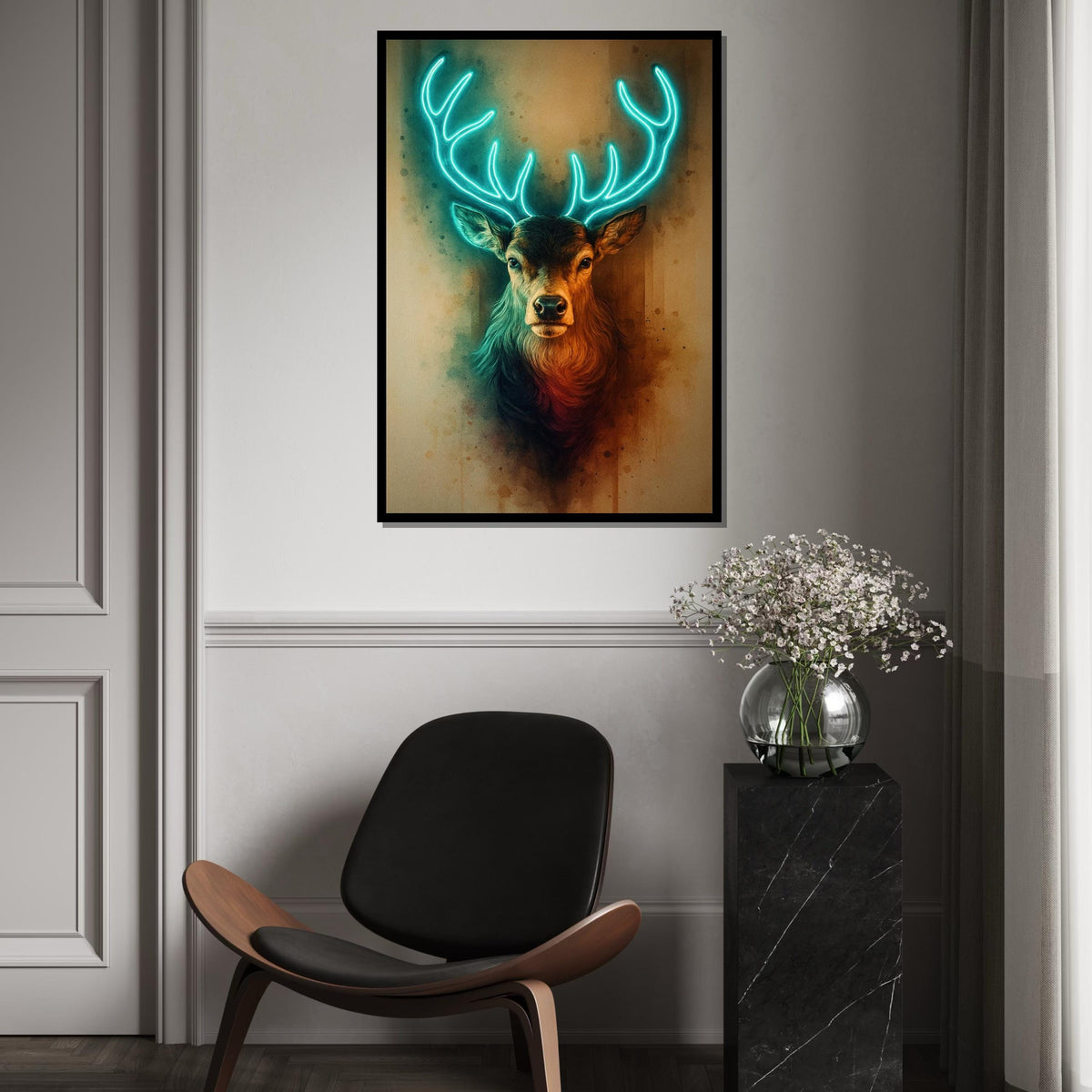 Print Canvas, Neon Stag Canvas, Glowing Antlers Wall Art, Deer Print, Animal Canvas Design, Modern Wall Decor, Ready To Hang Decoration