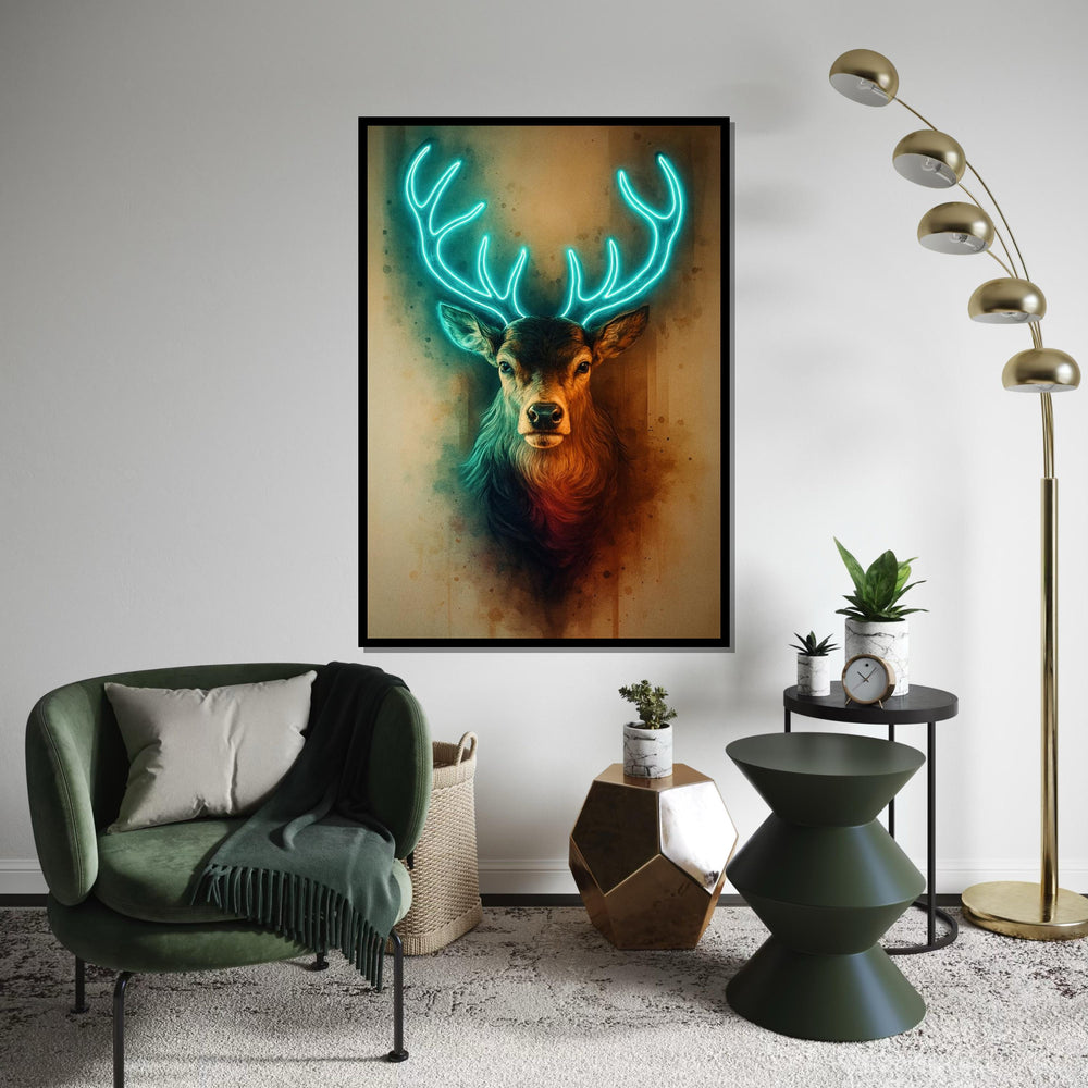 Print Canvas, Neon Stag Canvas, Glowing Antlers Wall Art, Deer Print, Animal Canvas Design, Modern Wall Decor, Ready To Hang Decoration