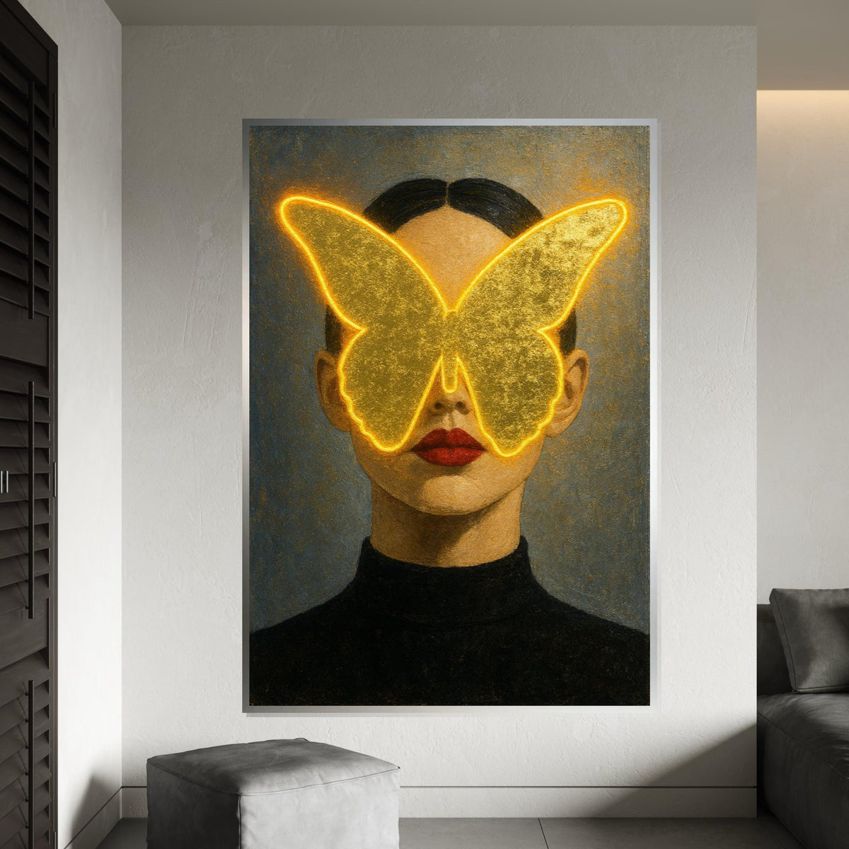 Golden Butterfly Woman Canvas, Abstract Face Art, Illuminated Butterfly Print, Wall Art Canvas Design, Ready To Hang Decoration, Gift Art
