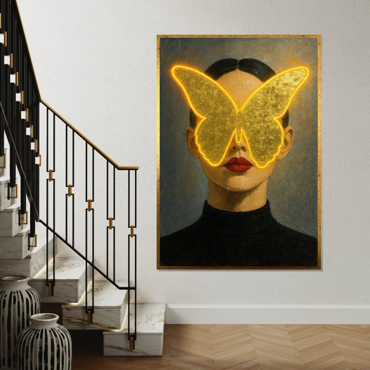 Golden Butterfly Woman Canvas, Abstract Face Art, Illuminated Butterfly Print, Wall Art Canvas Design, Ready To Hang Decoration, Gift Art
