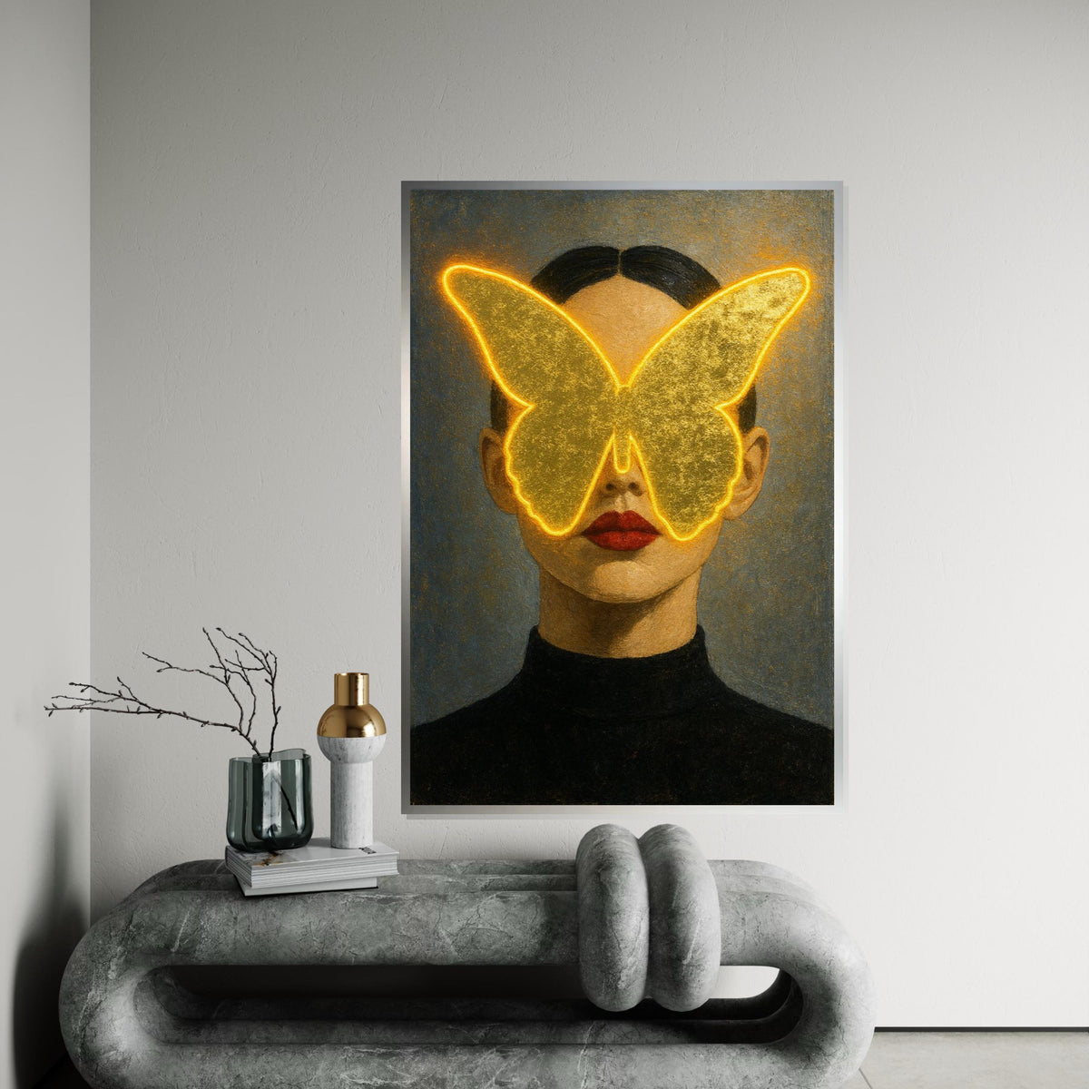 Golden Butterfly Woman Canvas, Abstract Face Art, Illuminated Butterfly Print, Wall Art Canvas Design, Ready To Hang Decoration, Gift Art