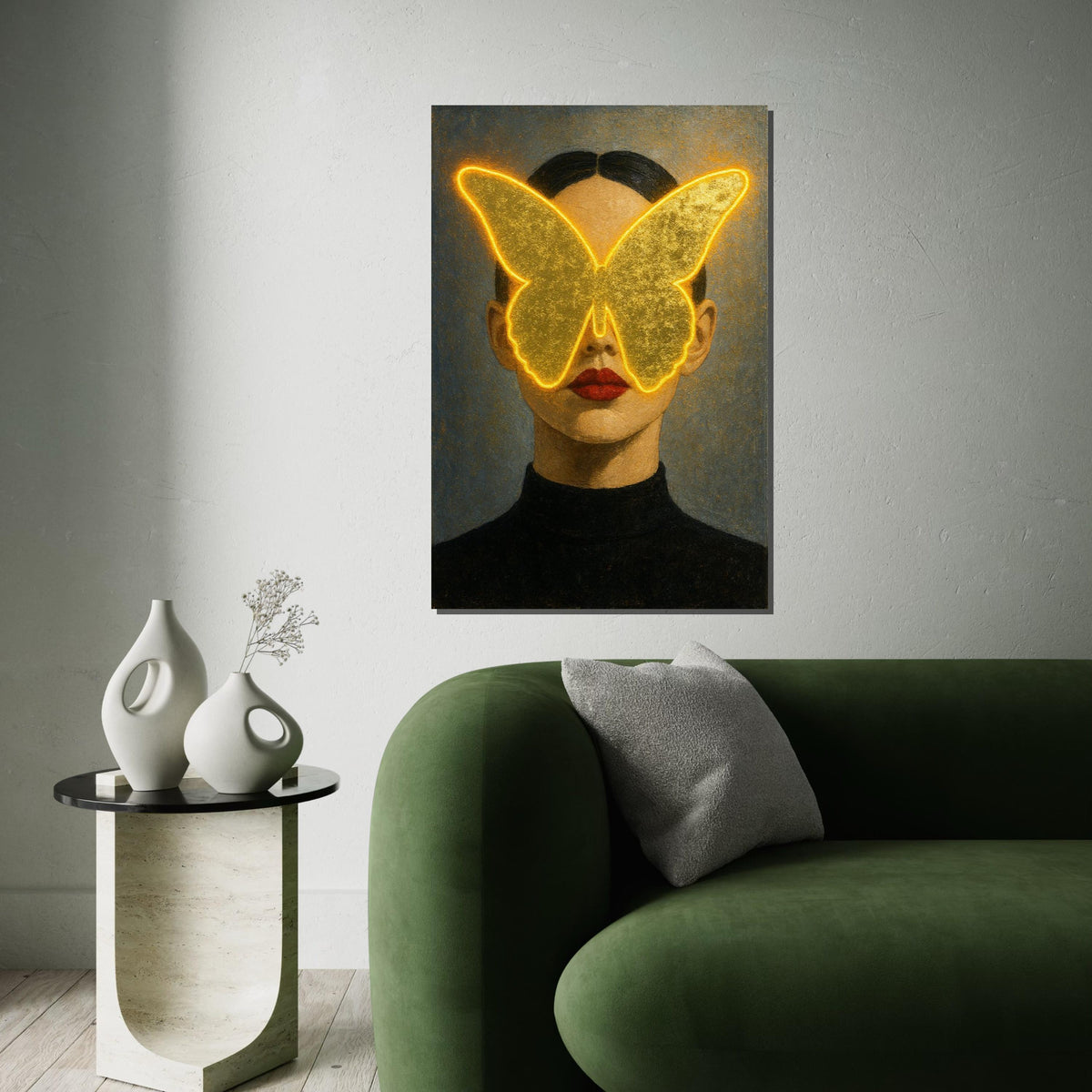 Golden Butterfly Woman Canvas, Abstract Face Art, Illuminated Butterfly Print, Wall Art Canvas Design, Ready To Hang Decoration, Gift Art
