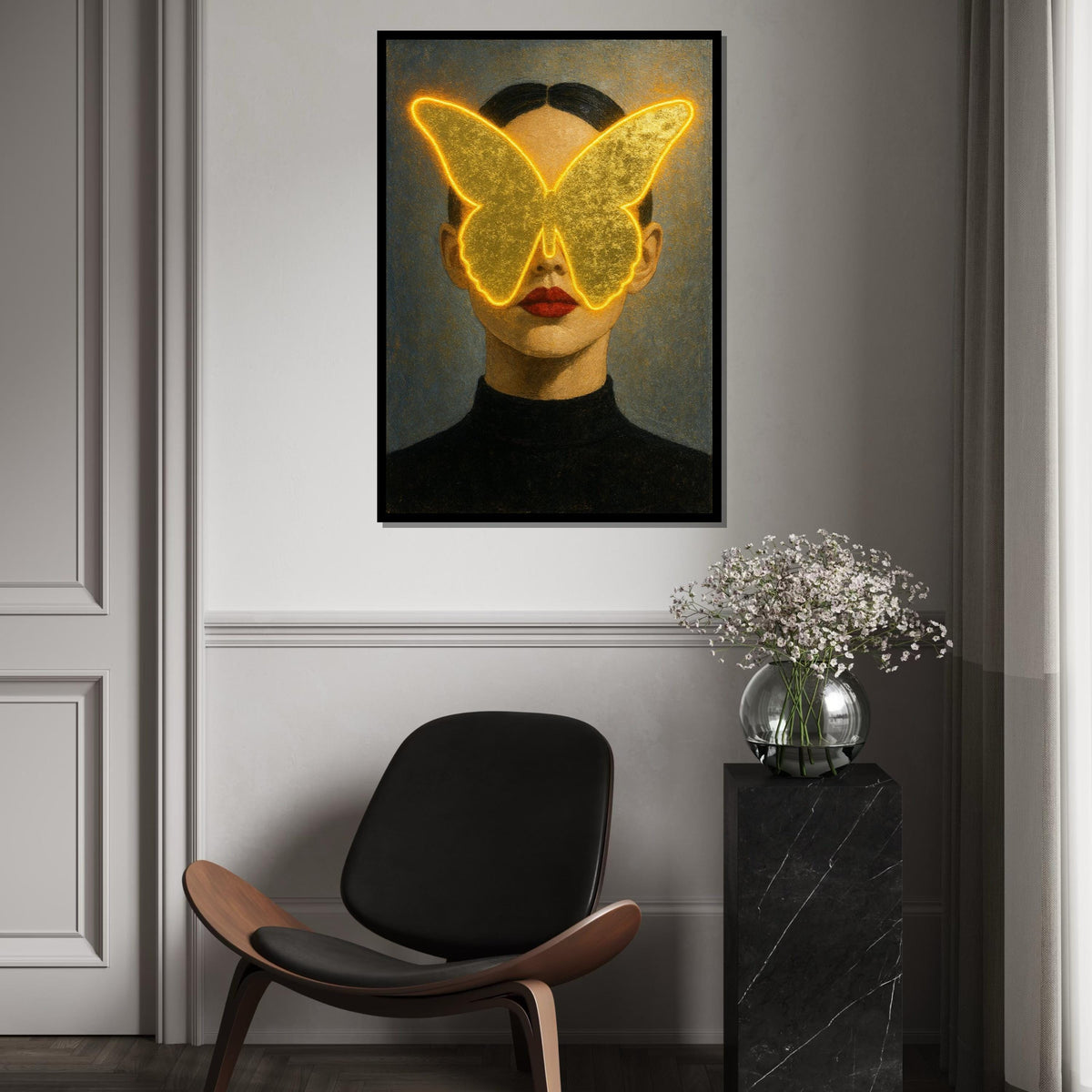 Golden Butterfly Woman Canvas, Abstract Face Art, Illuminated Butterfly Print, Wall Art Canvas Design, Ready To Hang Decoration, Gift Art
