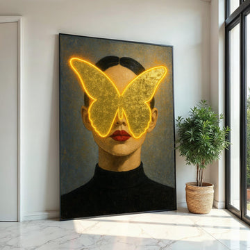 Golden Butterfly Woman Canvas, Abstract Face Art, Illuminated Butterfly Print, Wall Art Canvas Design, Ready To Hang Decoration, Gift Art