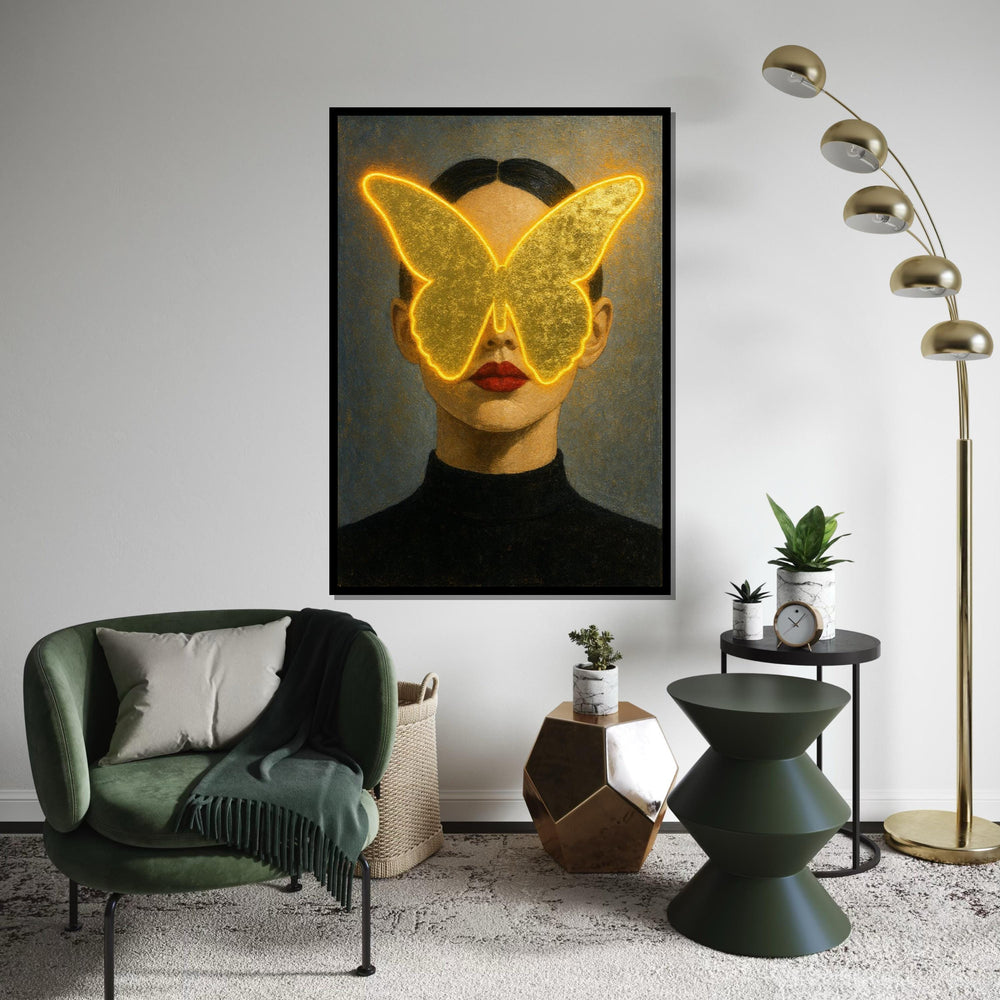 Golden Butterfly Woman Canvas, Abstract Face Art, Illuminated Butterfly Print, Wall Art Canvas Design, Ready To Hang Decoration, Gift Art