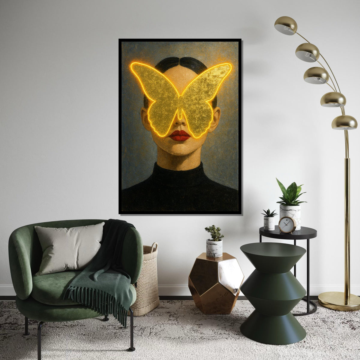 Golden Butterfly Woman Canvas, Abstract Face Art, Illuminated Butterfly Print, Wall Art Canvas Design, Ready To Hang Decoration, Gift Art