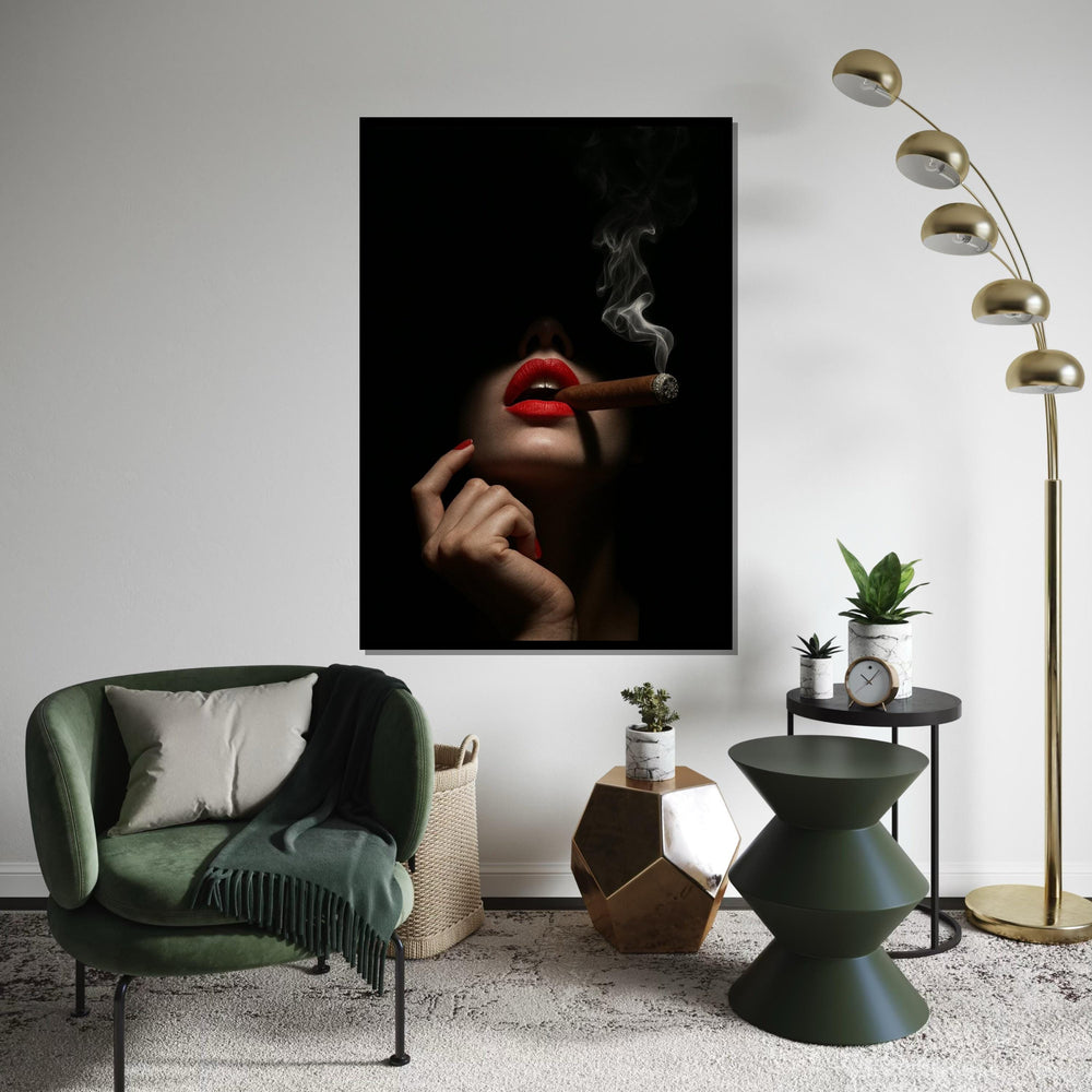 Red Lips Cigar Canvas, Dark Elegance Wall Art, Smoking Lady Poster, Wall Art Canvas Design, Ready To Hang Decoration, Gift Art