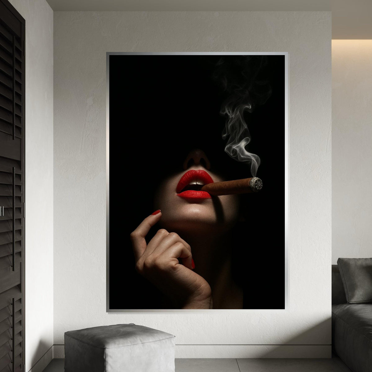 Red Lips Cigar Canvas, Dark Elegance Wall Art, Smoking Lady Poster, Wall Art Canvas Design, Ready To Hang Decoration, Gift Art