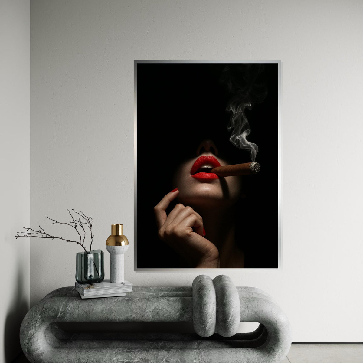 Red Lips Cigar Canvas, Dark Elegance Wall Art, Smoking Lady Poster, Wall Art Canvas Design, Ready To Hang Decoration, Gift Art