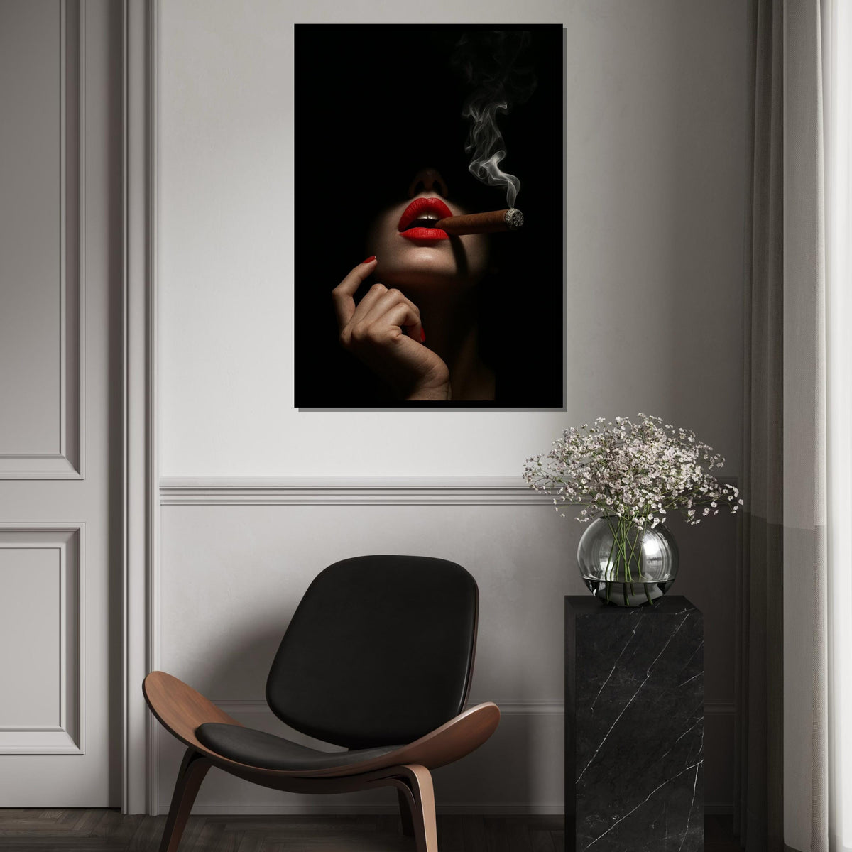 Red Lips Cigar Canvas, Dark Elegance Wall Art, Smoking Lady Poster, Wall Art Canvas Design, Ready To Hang Decoration, Gift Art
