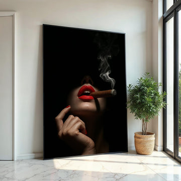Red Lips Cigar Canvas, Dark Elegance Wall Art, Smoking Lady Poster, Wall Art Canvas Design, Ready To Hang Decoration, Gift Art