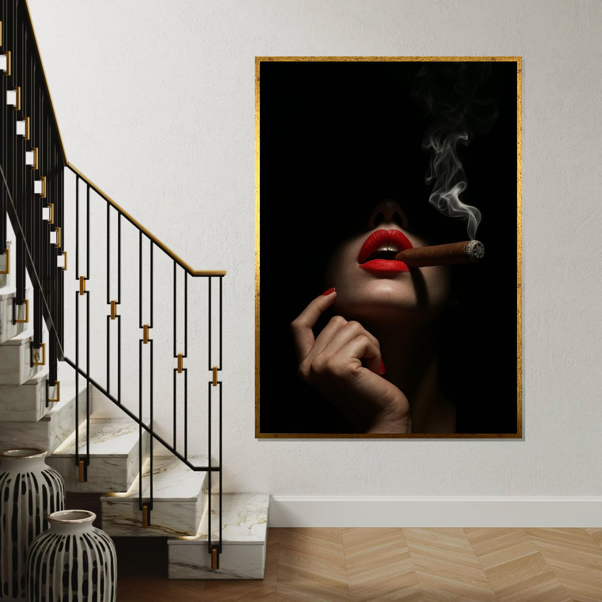 Red Lips Cigar Canvas, Dark Elegance Wall Art, Smoking Lady Poster, Wall Art Canvas Design, Ready To Hang Decoration, Gift Art
