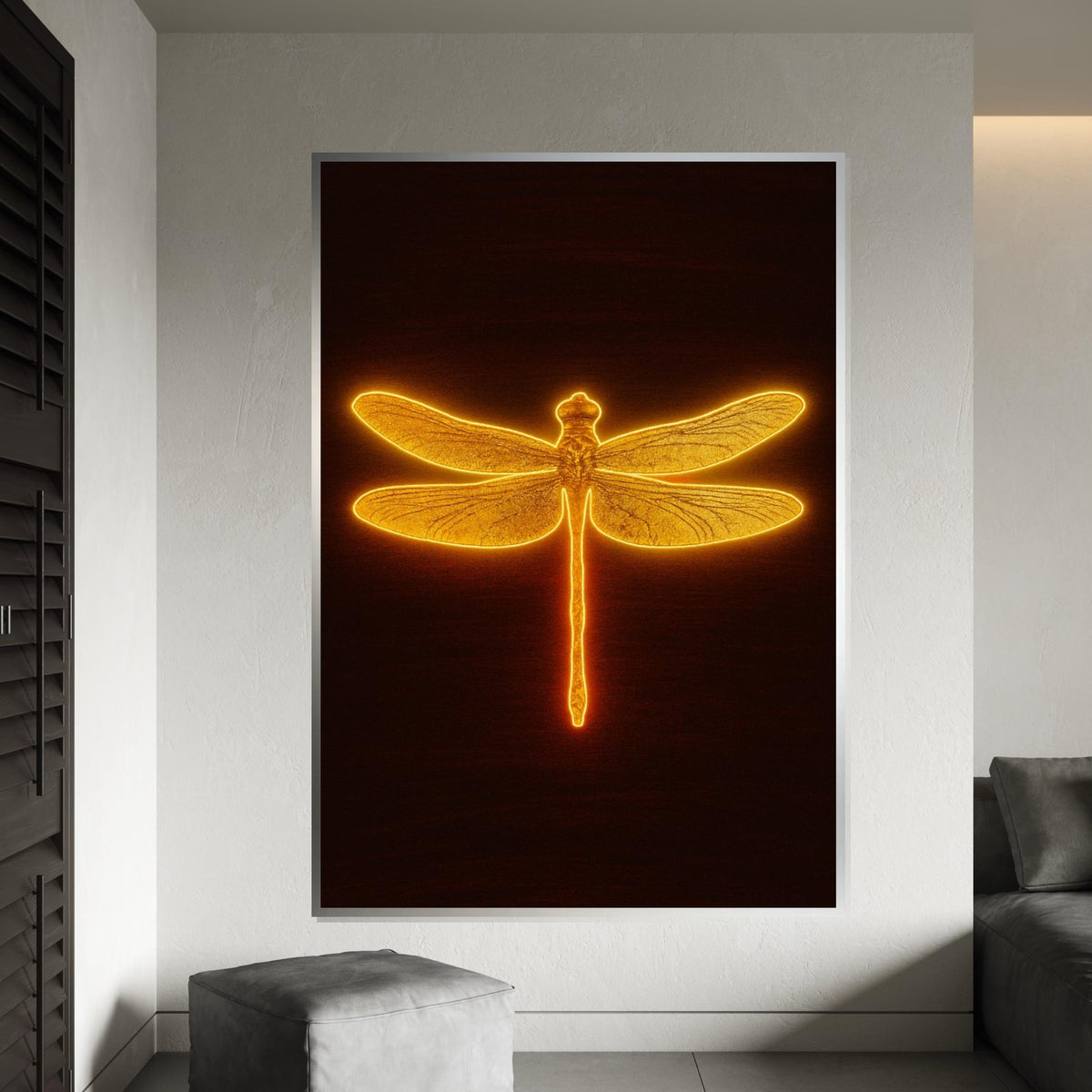 Golden Dragonfly Canvas, Illuminated Insect Art, Wall Art Canvas Design, Nature Inspired Glow, Ready To Hang Decoration, Print Canvas Art