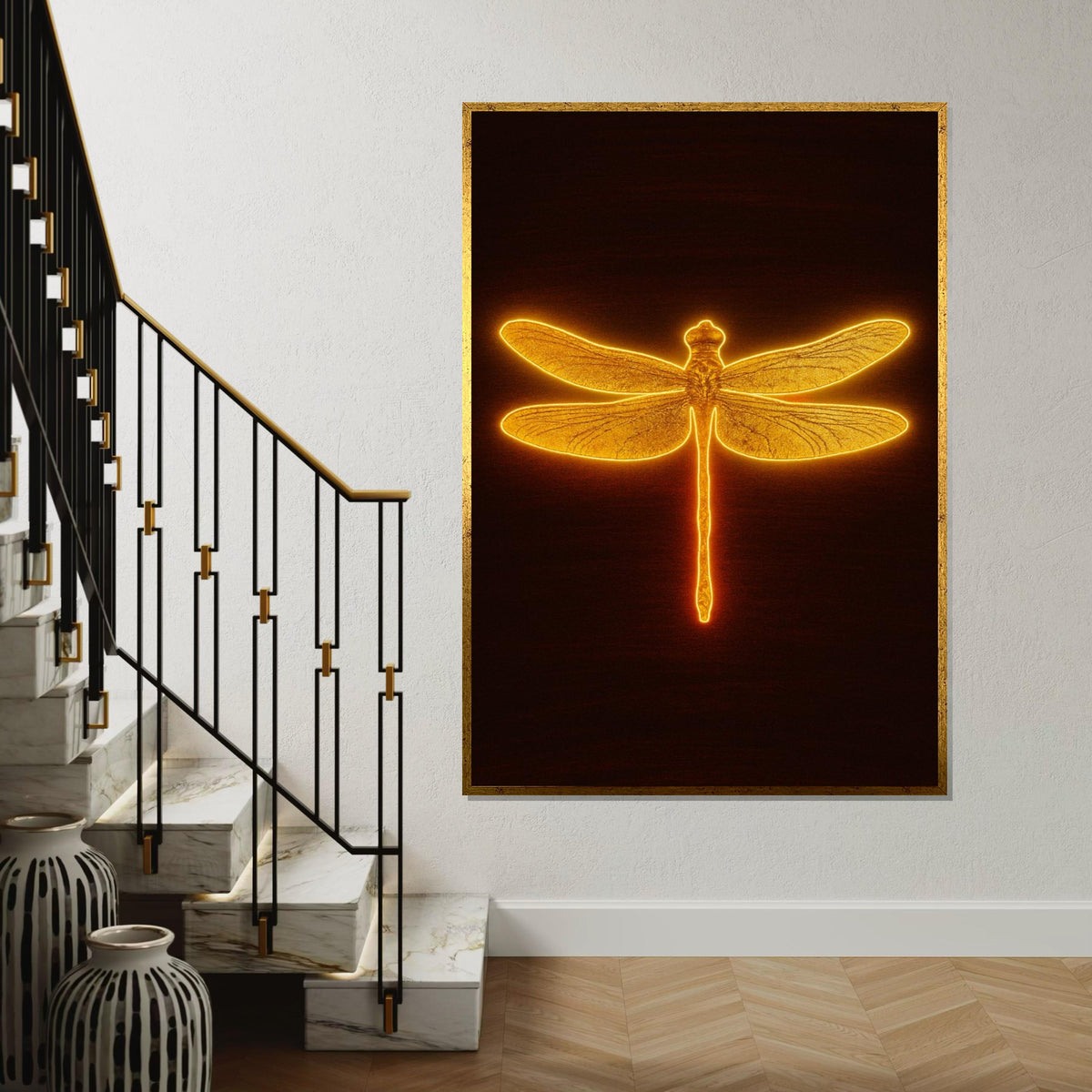 Golden Dragonfly Canvas, Illuminated Insect Art, Wall Art Canvas Design, Nature Inspired Glow, Ready To Hang Decoration, Print Canvas Art
