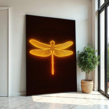 Golden Dragonfly Canvas, Illuminated Insect Art, Wall Art Canvas Design, Nature Inspired Glow, Ready To Hang Decoration, Print Canvas Art
