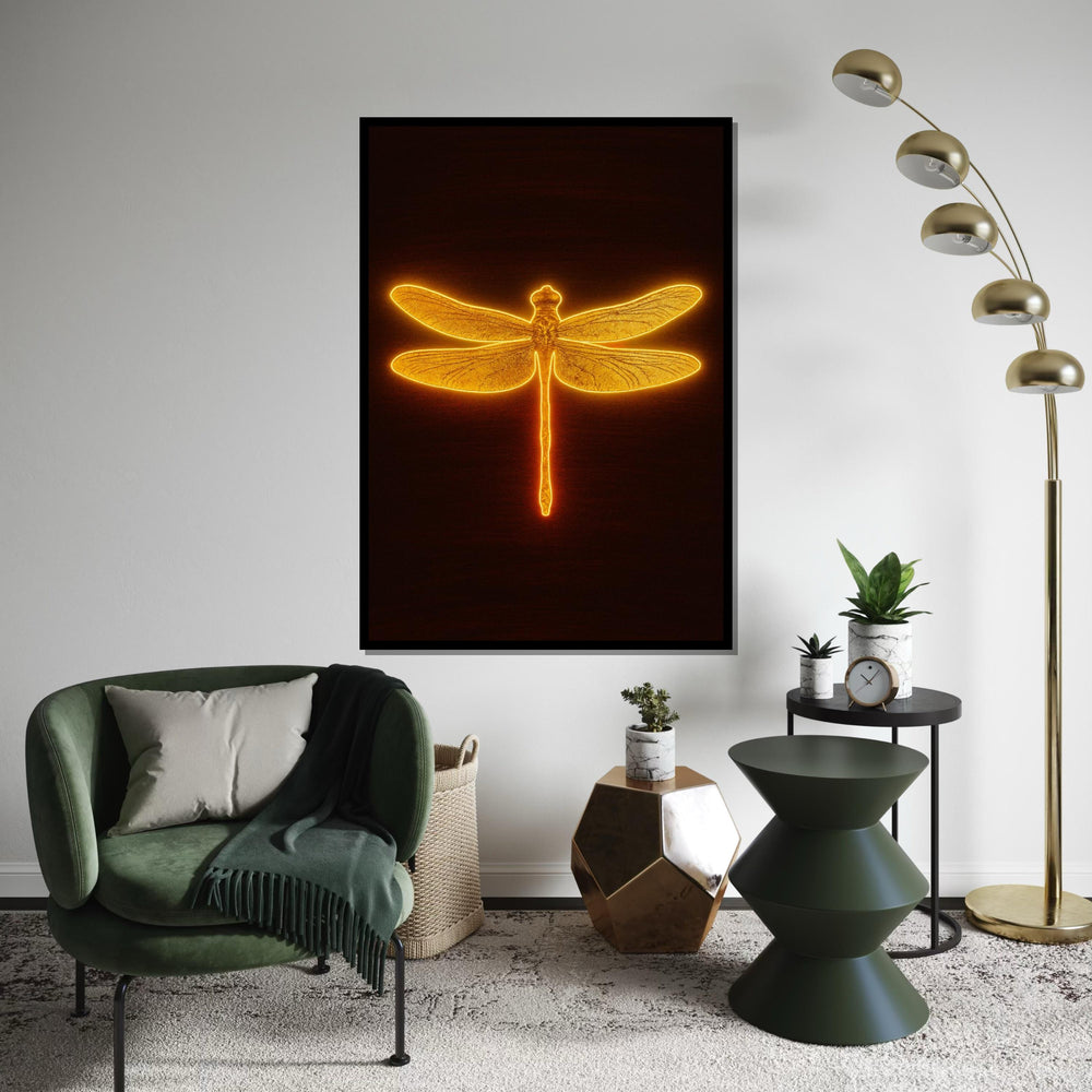 Golden Dragonfly Canvas, Illuminated Insect Art, Wall Art Canvas Design, Nature Inspired Glow, Ready To Hang Decoration, Print Canvas Art
