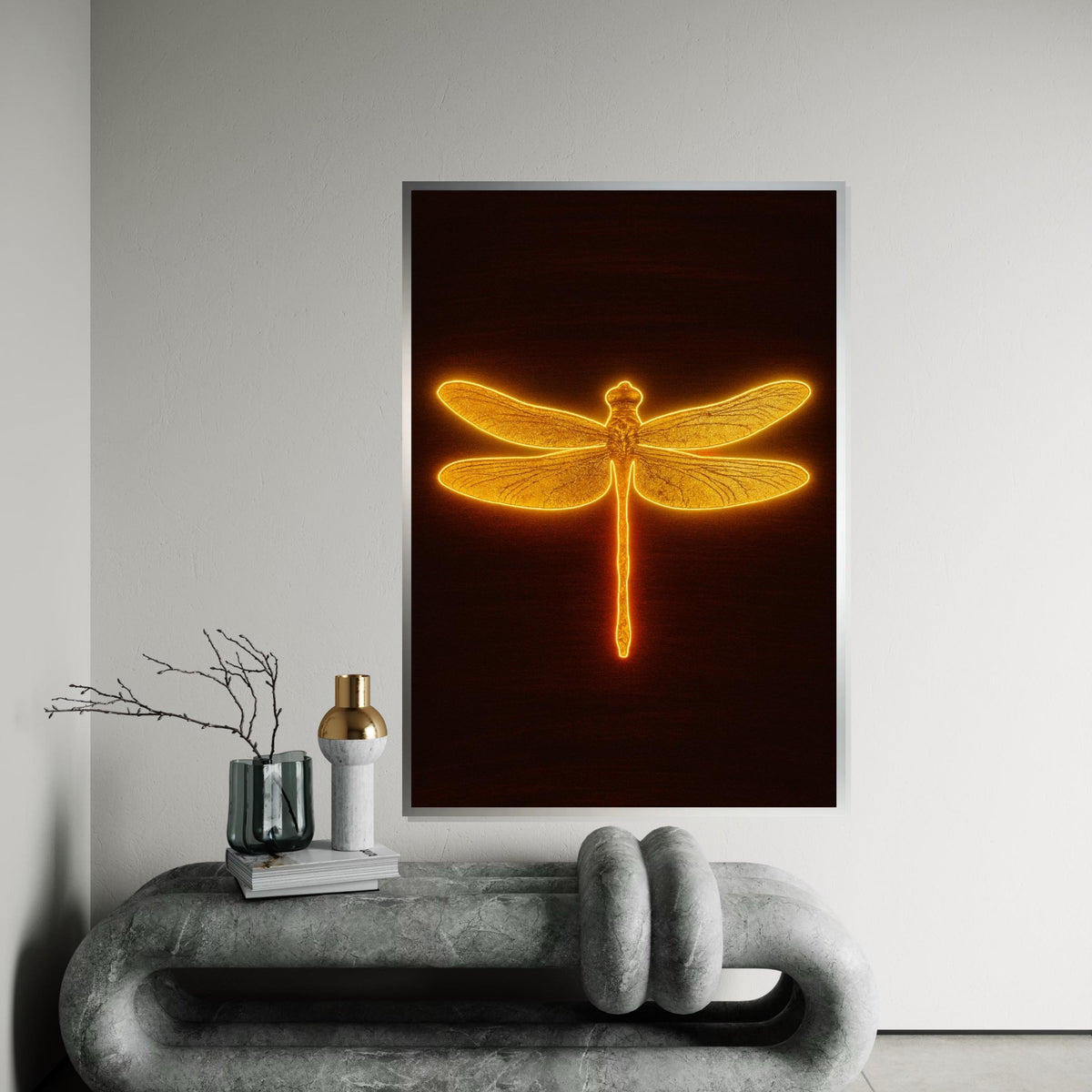 Golden Dragonfly Canvas, Illuminated Insect Art, Wall Art Canvas Design, Nature Inspired Glow, Ready To Hang Decoration, Print Canvas Art