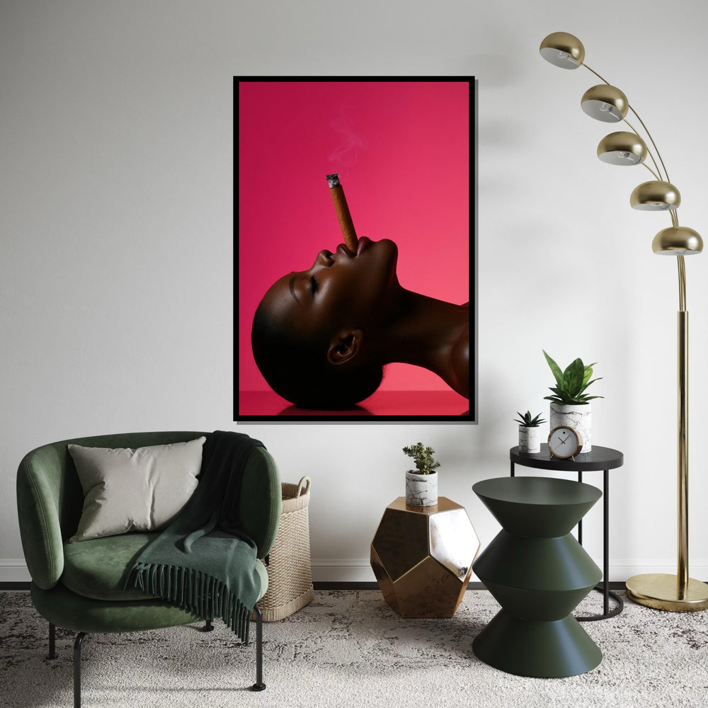 Elegant Profile, Smoking Cigar Art, Modern Portrait Canvas, Pink Background Art Print, Wall Art Canvas Design, Framed  Ready to Hang