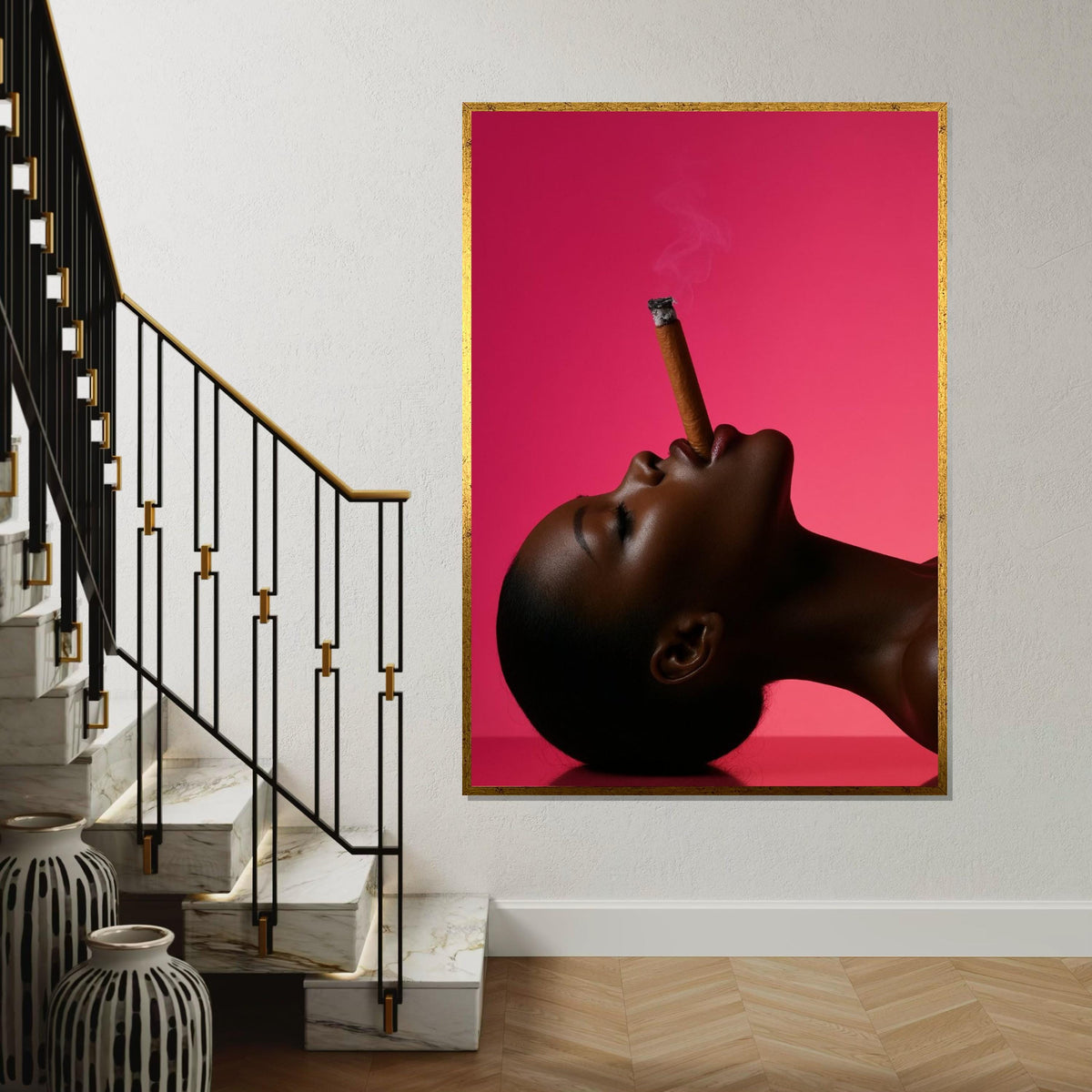 Elegant Profile, Smoking Cigar Art, Modern Portrait Canvas, Pink Background Art Print, Wall Art Canvas Design, Framed  Ready to Hang