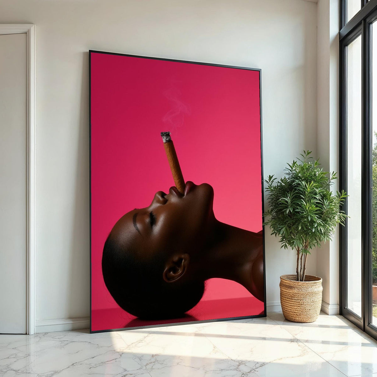 Elegant Profile, Smoking Cigar Art, Modern Portrait Canvas, Pink Background Art Print, Wall Art Canvas Design, Framed  Ready to Hang