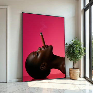 Elegant Profile, Smoking Cigar Art, Modern Portrait Canvas, Pink Background Art Print, Wall Art Canvas Design, Framed  Ready to Hang