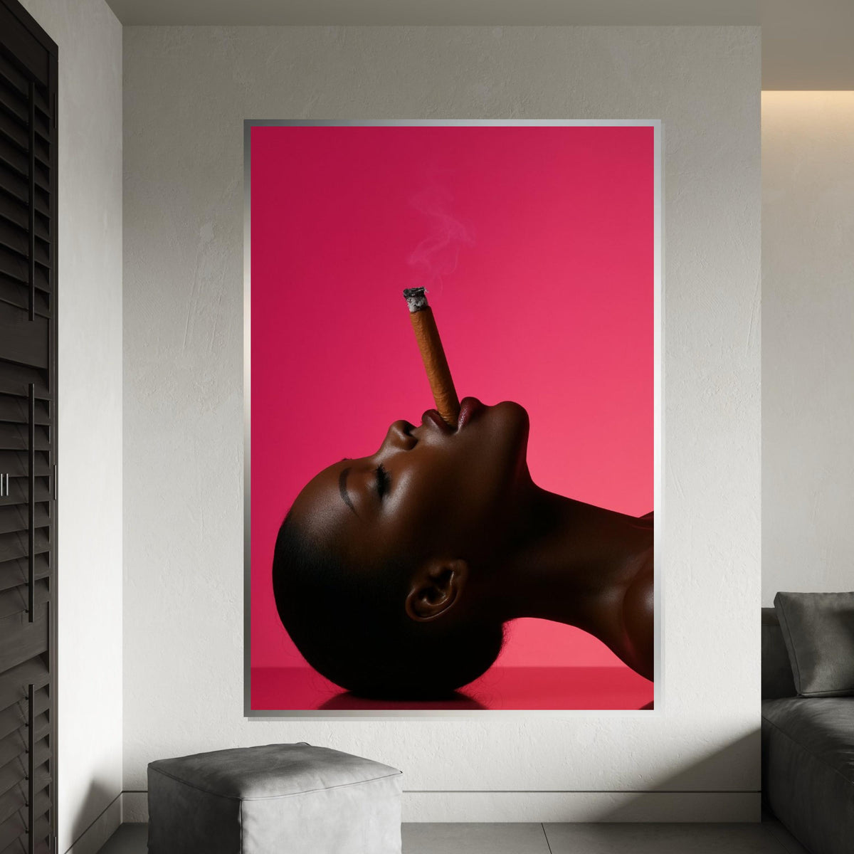 Elegant Profile, Smoking Cigar Art, Modern Portrait Canvas, Pink Background Art Print, Wall Art Canvas Design, Framed  Ready to Hang