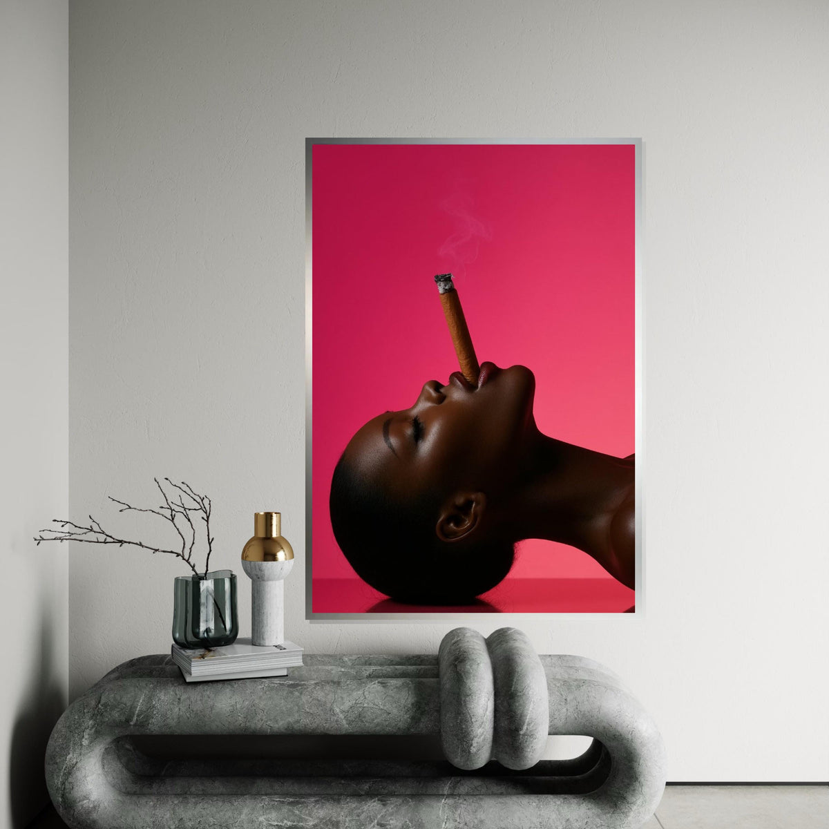 Elegant Profile, Smoking Cigar Art, Modern Portrait Canvas, Pink Background Art Print, Wall Art Canvas Design, Framed  Ready to Hang