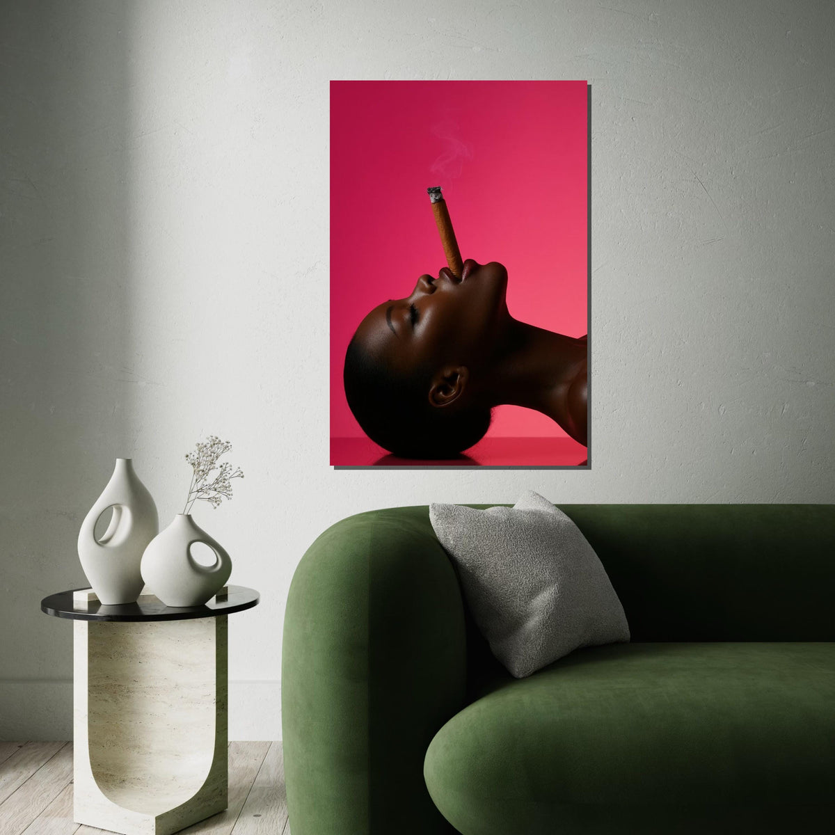 Elegant Profile, Smoking Cigar Art, Modern Portrait Canvas, Pink Background Art Print, Wall Art Canvas Design, Framed  Ready to Hang
